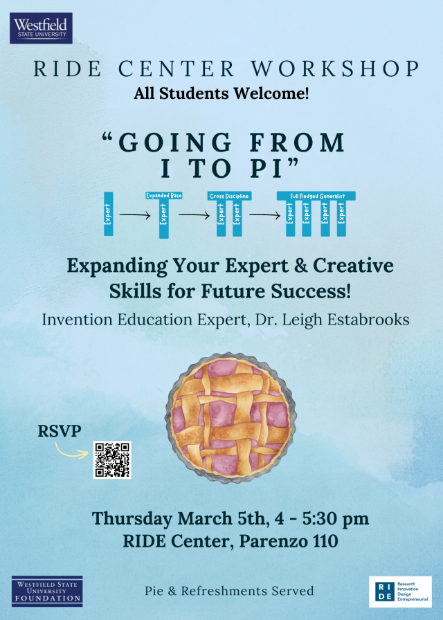 ride center workshop all students welcome, going from i to pie, expanding your expert and creative skills for future success, invention education expert dr. leigh estabrooks, pie image infographic, RSVP with qr code link, thursday march 5 2024, 4-5:30pm ride center parenzo 110, pie and refreshmenr served, westfield state university logo ride center logo westfield state university foundation logo