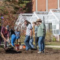 Students and faculty plant a meadow outside the Wilson Greenhouse